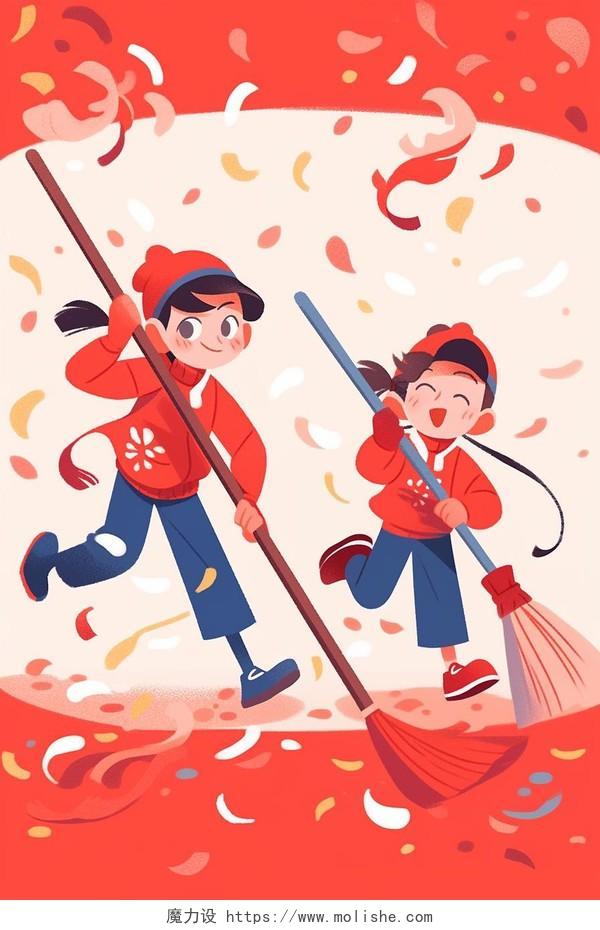 两个小孩拿着扫帚扫地大扫除除夕春节新年AI插画